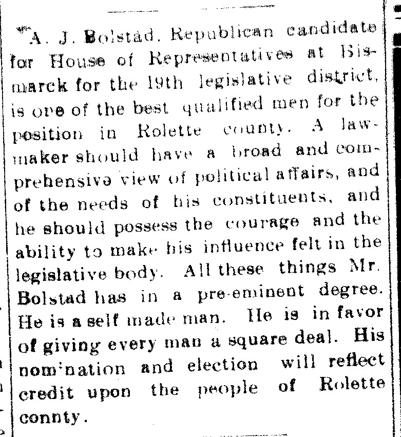 Turtle Mountain Star Front Page June 18 1908 Endorsement of Anton Bolstad